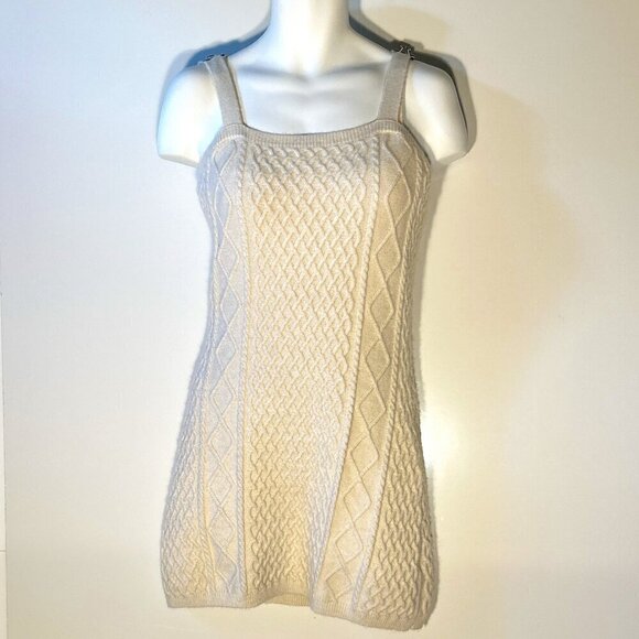 H&M SZ L Cream Cable-Knit Bodycon Wool Blend Sweater Dress Layering Classic - Picture 3 of 11